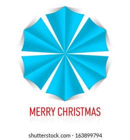 Illustration of blue paper snowflake on white background. Christmas card.