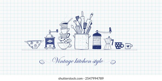 Illustration of blue pen kitchen doodles featuring stacked cups, utensils, and coffee makers in a playful vintage style on graph paper background.