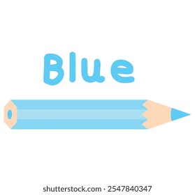 Illustration of a blue pencil with light blue and white stripes. The word "Blue" is written above in blue letters. Suitable for educational purposes or projects related to art and design.