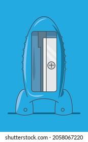 Illustration of a blue pencil sharpener on a sky blue background