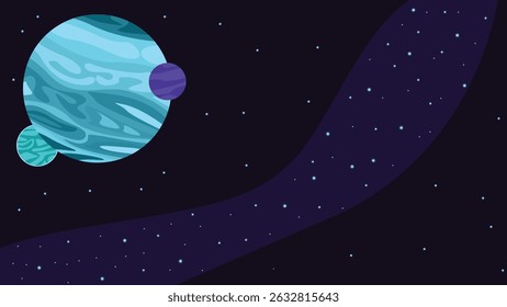 illustration of a blue planet and some of its natural satellites in the middle of the dark outer space
