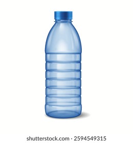 Illustration of a blue plastic water bottle with a screw cap. The bottle is shown upright on a plain white background, highlighting its transparent texture and ribbed design.