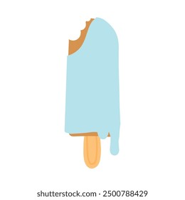 Illustration of a blue popsicle on a stick with a bite taken out, melting down the side. Perfect for summer, frozen desserts, and sweet treats. Refreshing and delicious ice cream.