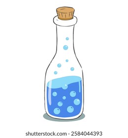 Illustration of a Blue Potion Bottle with Bubbles Inside, Ideal for Magic, Fantasy, and Gaming Artwork A magical blue potion bottle with bubbles swirling inside, representing alchemy and fantasy story