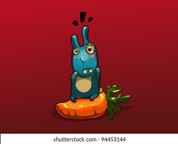 illustration of blue rabbit on big carrot