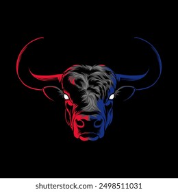 illustration of a blue and red bull silhouette on a black background