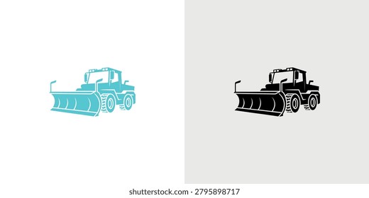Illustration of a blue road grader machine with a front blade used for grading and leveling construction sites and road surfaces