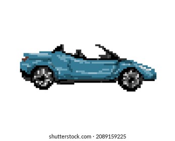 Illustration of blue roadster car in pixel art style