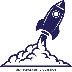 Ilustración de un cohete azul despegando con humo, simbolizando una startup