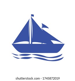 Illustration of a blue sailboat with a few waves. Isolated vector