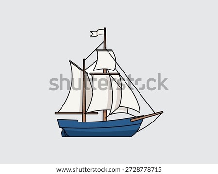 Illustration of a blue sailing ship with white sails and a flag on the mast