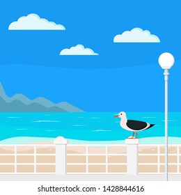 Illustration blue sea with quay, mountains, clouds, palms, street lantern, seagull on the parapet, sand - beach summer background. Beautiful seacoast backdrop. Vector flat design cartoon style banner.