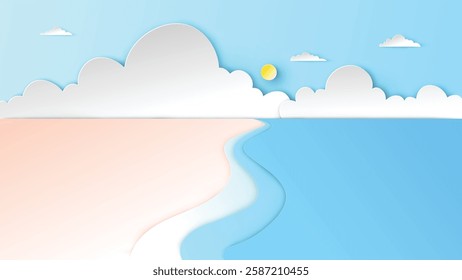 Illustration of blue sea and sky. Summer sea scenery. paper cut and craft style. vector, illustration.