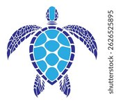 Illustration of a blue sea turtle featuring geometric patterns, representing marine life and ocean conservation efforts