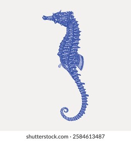 Illustration of a blue seahorse with intricate details. The seahorse is depicted in a side view, showcasing its unique shape and texture against a light background. Vintage animal illustration vector.