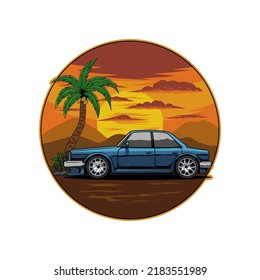 Illustration of blue sedan car in the sunset vibes. Perfect for t-shirt and sticker. Fit to use in summer season. Automotive illustration arts.