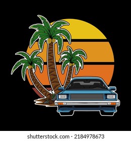 Illustration of blue sedan car in the sunset vibes. Perfect for t-shirt and sticker. Fit to use in summer season. Automotive illustration arts.