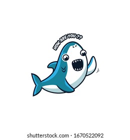 Illustration of a blue shark greeting a friend with text