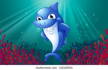 Illustration of a blue shark smiling under the sea
