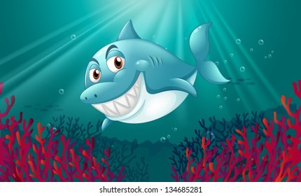 Illustration of a blue shark under the sea