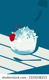 Illustration of  blue shaved ice topping with red cherry. Blue wind chime background. 