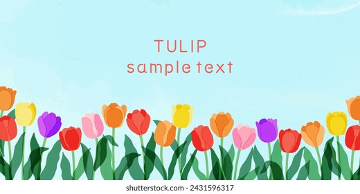 Illustration of Blue Sky and Colorful Tulips Background
