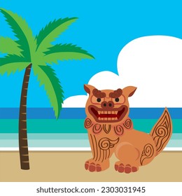 Illustration of blue sky, palm trees, and shisa. Shisa is a clay figure of the guardian deity of Okinawa, Japan. Okinawa guardian lions