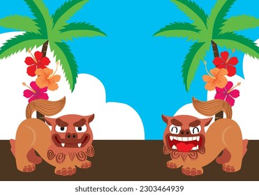 Illustration of blue sky, palm trees, hibiscus and shisa. Shisa is a clay figure of the guardian deity of Okinawa, Japan. Okinawa guardian lions