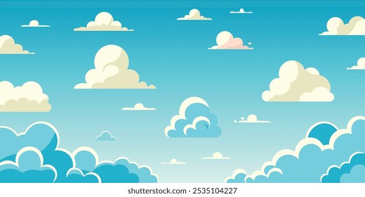 Ilustración de un cielo azul con nubes blancas, beige y azules de varias Formas, en un estilo de dibujos animados. 