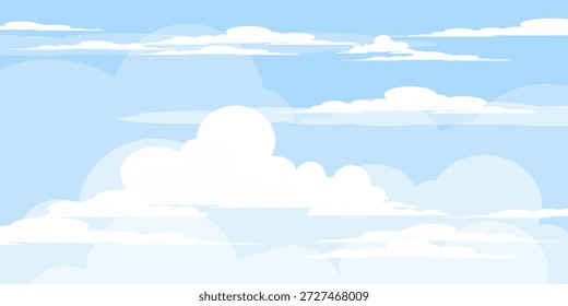 Illustration eines blauen Himmels und weißer Wolken im flachen Stil. Himmel und Wolkenhintergrund. Vektorcartoon-Illustration von Wolken in Blau. Abstrakte Naturtapete. Sommerthema.