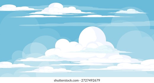 Ilustração de um céu azul e nuvens brancas em um estilo plano. Fundo do céu e da nuvem. Ilustração em desenho animado vetorial de nuvens em azul. Papel de parede natureza abstrata. Tema de verão.