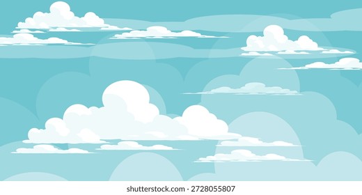 Illustration eines blauen Himmels und weißer Wolken im flachen Stil. Himmel und Wolkenhintergrund. Vektorcartoon-Illustration von Wolken in Blau. Abstrakte Naturtapete. Sommerthema.