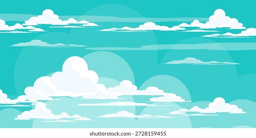 Illustration of a blue sky and white clouds in a flat style. Sky and cloud background. Vector cartoon illustration of clouds in blue. Abstract nature wallpaper. Summer theme.