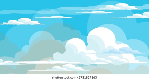 Illustration eines blauen Himmels und weißer Wolken im flachen Stil. Himmel und Wolkenhintergrund. Vektorcartoon-Illustration von Wolken in Blau. Abstrakte Naturtapete. Sommerthema.