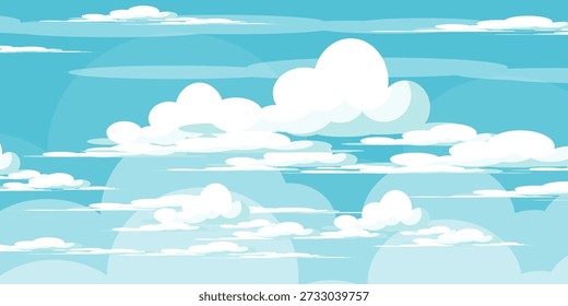 Illustration eines blauen Himmels und weißer Wolken im flachen Stil. Himmel und Wolkenhintergrund. Vektorcartoon-Illustration von Wolken in Blau. Abstrakte Natur Tapete.schönen Himmel, Sommer Thema.