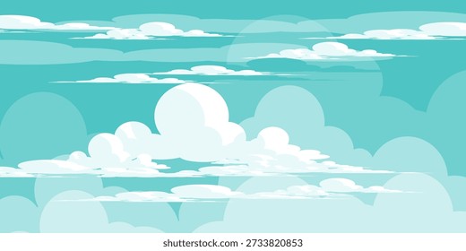 Ilustração de um céu azul e nuvens brancas em um estilo plano. Céu e fundo de nuvem. Ilustração de desenho animado vetorial de nuvens em azul. Papel de parede abstrato da natureza. Tema de verão.