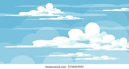 Illustration eines blauen Himmels und weißer Wolken im flachen Stil. Himmel und Wolkenhintergrund. Vektorcartoon-Illustration von Wolken in Blau. Abstrakte Natur Tapete.schönen Himmel, Sommer Thema.