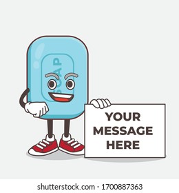 An illustration of Blue Soap cartoon mascot character holding a board sign message