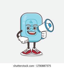 An illustration of Blue Soap cartoon mascot character holding a megaphone