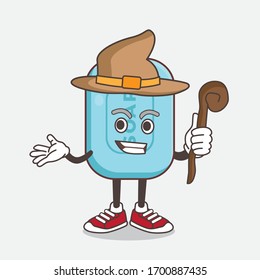 An illustration of Blue Soap cartoon mascot character as a witch wearing hat and staff