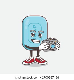 An illustration of Blue Soap cartoon mascot character as photographer in action with a camera