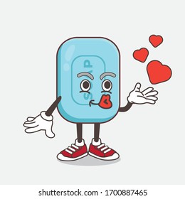 An illustration of Blue Soap cartoon mascot character teasing with heart kiss