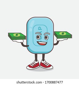An illustration of Blue Soap cartoon mascot character with money on hands