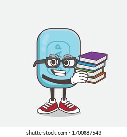 An illustration of Blue Soap cartoon mascot character studying with some books