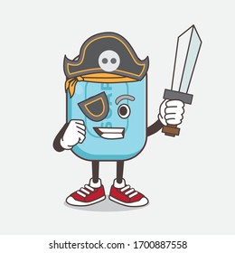 An illustration of Blue Soap cartoon mascot character in pirate style and wearing hat and sword