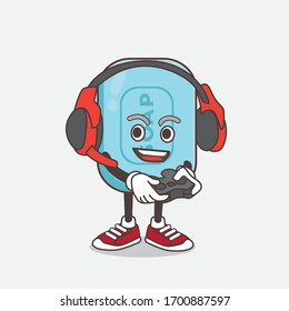 An illustration of Blue Soap cartoon mascot character play a game with headphone and controller