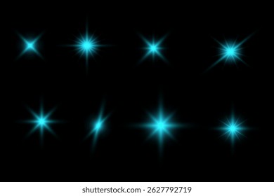 Illustration of blue sparkling stars on a black background. For cosmic, magical, or festive designs, posters, invitations, or digital art. Sparkling stars, flickering and flashing lights effect.