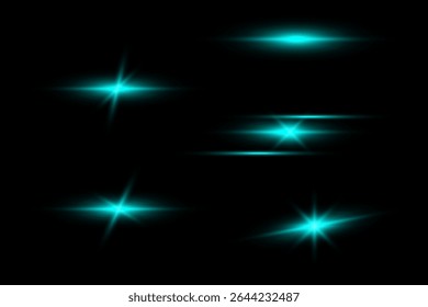 Illustration of blue sparkling stars on a black background. For cosmic, magical, or festive designs, posters, invitations, or digital art. Sparkling stars, flickering and flashing lights effect.