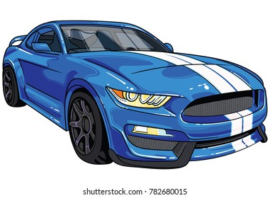 Illustration of blue  sport car Mustang with two white strips on car hood . All illustrations are easy to use and highly customizable, logical layered to fit your needs.