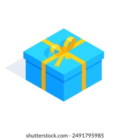 Ilustración de caja de regalo cuadrada azul con lazo amarillo. Caja de regalo para cumpleaños, vacaciones, evento.